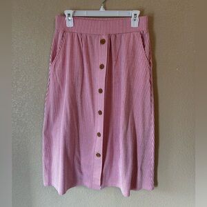 Striped Pink Button-Down Midi Skirt XS with pockets 30.5” length Springy